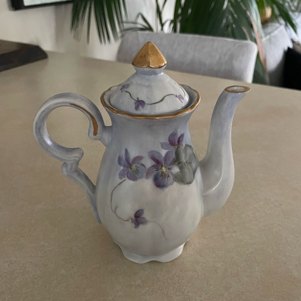 Vintage Hand Painted Porcelain Teapot Violet Floral Gold Gilt Diana Beardsley